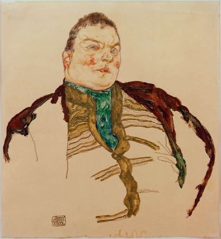 Beleibter Mann mit ausgebreiteten Armen in gestreifter Weste – Egon Schiele Porträt eines dicken Mannes Kunstkopie
