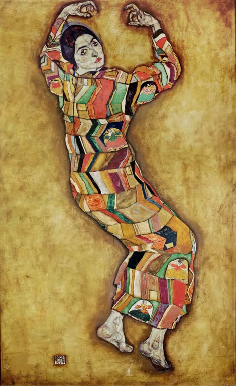 Frau im bunten Kostüm mit erhobenen Armen auf goldgelbem Grund – Egon Schiele Porträt von Friederike Maria Beer Kunstkopie