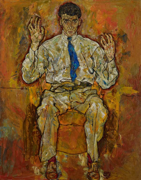 Sitzender Mann mit blauer Krawatte und erhobenen Händen im Sessel – Egon Schiele Porträt von Paris von Gütersloh Kunstkopie