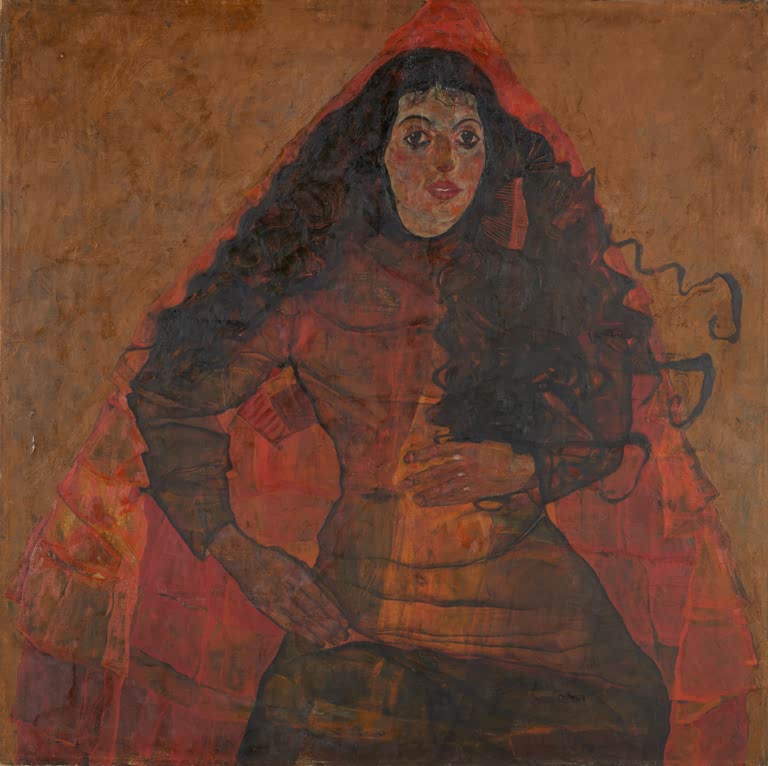 Frau mit langem dunklem Haar unter rotem Schleier vor braunem Grund – Egon Schiele Porträt von Trude Engel Kunstkopie