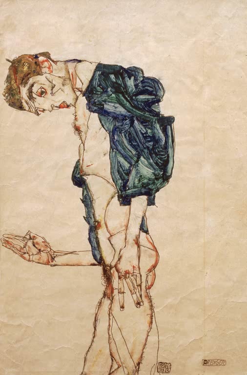 Vornübergebeugter Mann im blaugrünen Hemd mit ausgestreckter Hand – Egon Schiele Prediger Kunstkopie