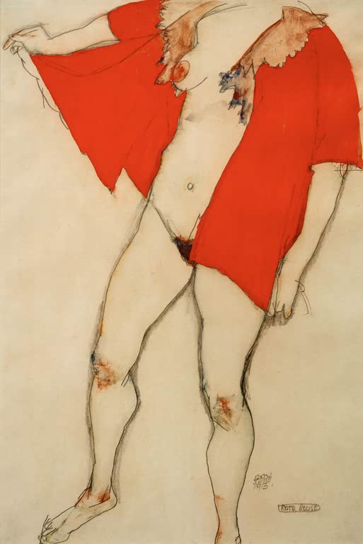Stehende Frau in einer leuchtend roten, geöffneten Bluse vor hellem Grund – Egon Schiele Rote Bluse Kunstkopie