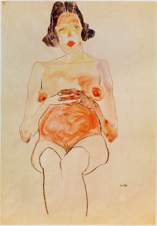 Schwangere Frau als Halbfigur mit orange getöntem Bauch und gefalteten Händen – Egon Schiele Roter Akt, schwanger Kunstkopie