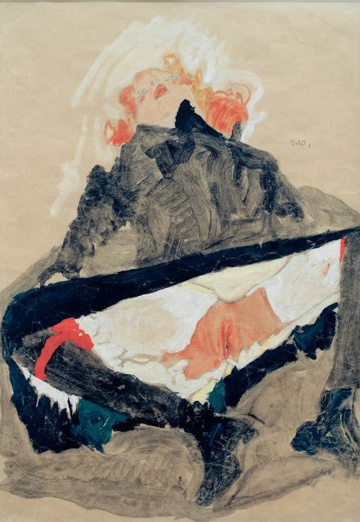 Mädchen in dunklem Oberteil und schwarzen Strümpfen – Egon Schiele Rothaariges Mädchen mit gespreizten Beinen Kunstkopie