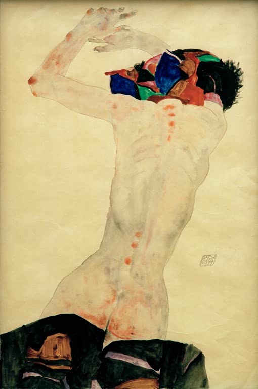 Männlicher Rückenakt mit erhobenen Armen und buntem Tuch am Kopf – Egon Schiele Rückenakt Kunstkopie