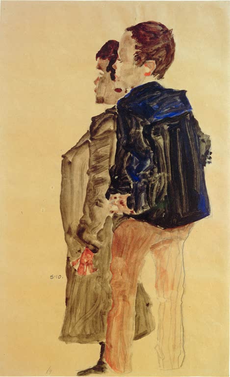 Zwei Knaben von hinten, einer in dunkelblauer Jacke, vor gelbem Grund – Egon Schiele Rückenansicht zweier Knaben Kunstkopie