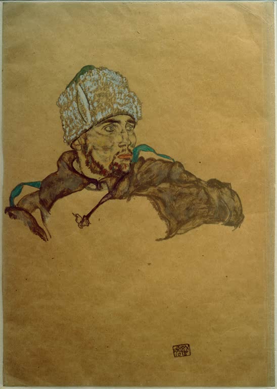 Egon Schiele Russischer Kriegsgefangener Kunstkopie, bärtiger Soldat mit weißer Pelzmütze auf beigem Papiergrund