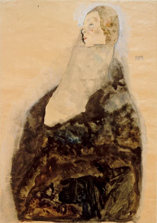 Schlafende Frau mit hellem Kopf über einem großen dunklen Gewand – Egon Schiele Schlafende Kunstkopie