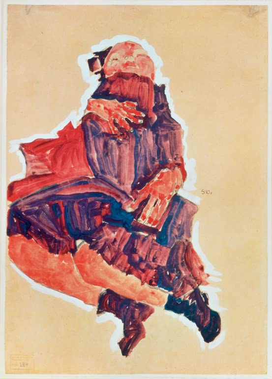 Zusammengekauertes Kind in roten und violetten Tönen auf ockerfarbenem Grund – Egon Schiele Schlafendes Kind Kunstkopie