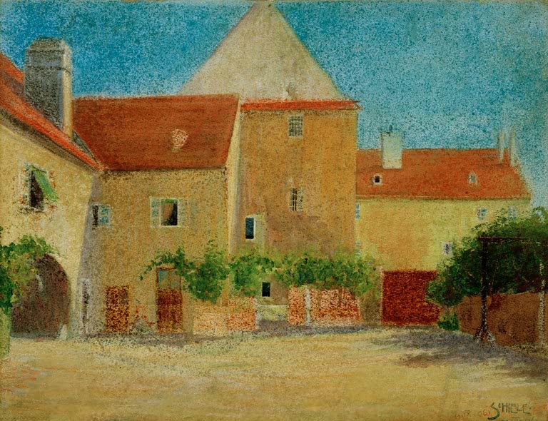 Hof mit Gebäuden und rotem Dach unter blauem Himmel, in feinen Punkten gemalt – Egon Schiele Schmiedehof Kunstkopie