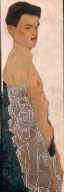 Junger Mann im Profil in schmalem Bildformat mit Draperie – Egon Schiele Selbstakt mit ornamentierter Draperie Kunstkopie