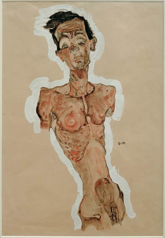 Magerer männlicher Oberkörper in rosigen Tönen, weiß umrandet auf braunem Grund – Egon Schiele Selbstakt Kunstkopie