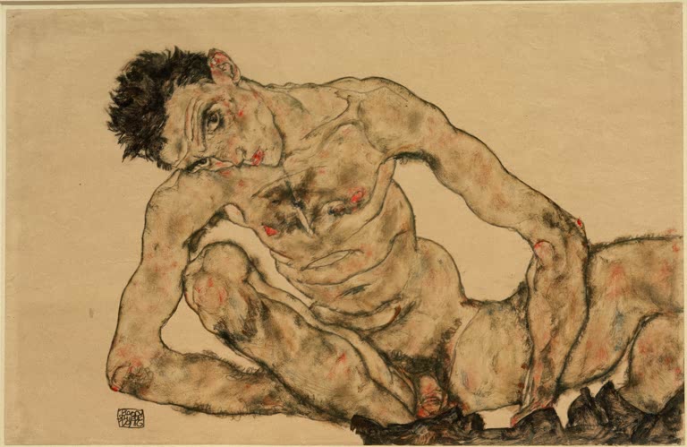 Hockender Akt in grauen und grünlichen Tönen, aquarelliert – Egon Schiele Selbstbildnis als Akt, hockend Kunstkopie
