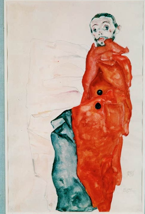Bärtiger Mann in leuchtend rotem Mantel vor hellem Grund – Egon Schiele Selbstbildnis als Gefangener Kunstkopie