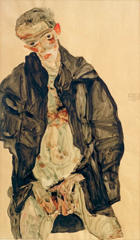 Junger Mann in schwarzer Jacke, halb nackt – Egon Schiele Selbstbildnis als Halbakt in schwarzer Jacke Kunstkopie