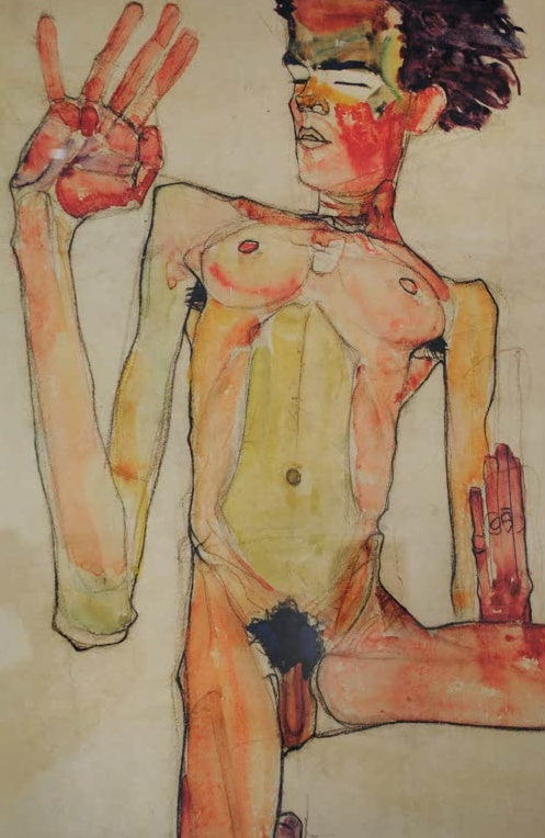 Nackter Mann mit erhobener Hand und orange getönter Haut – Egon Schiele Selbstbildnis als kniender Nackter Kunstkopie