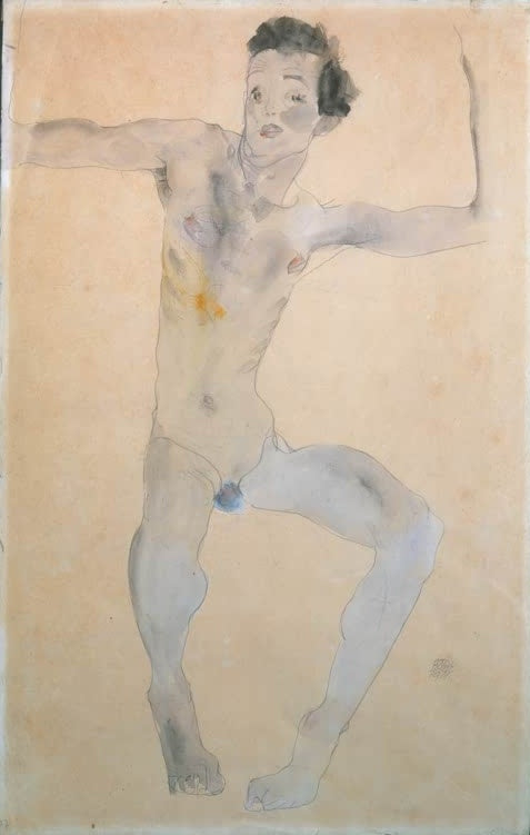 Nackter Mann in blaugrauen Tönen mit ausgestreckten Armen auf hellem Papier – Egon Schiele Selbstbildnis Kunstkopie