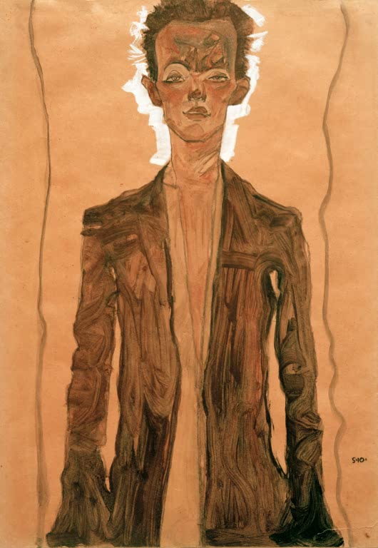 Mann in braunem Mantel, offen getragen, vor lachsfarbenem Grund – Egon Schiele Selbstbildnis in braunem Mantel Kunstkopie