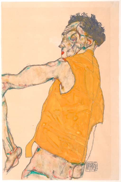 Mann in gelber Weste mit seitlich ausgestrecktem Arm – Egon Schiele Selbstbildnis in gelber Weste Kunstkopie