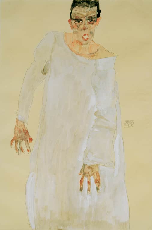 Mann in langem weißem Gewand mit erhobenem Kopf – Egon Schiele Selbstbildnis in langem weißen Gewand (Rufender) Kunstkopie