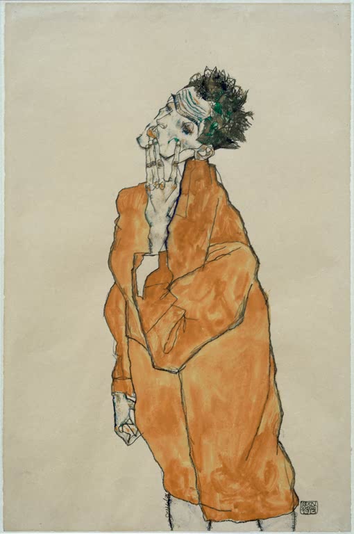 Mann in orangefarbener Jacke, Hand am Kinn, vor grauem Grund – Egon Schiele Selbstbildnis in orangefarbener Jacke Kunstkopie