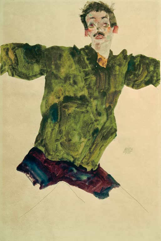 Mann mit ausgebreiteten Armen in grünem Hemd – Egon Schiele Selbstbildnis mit ausgebreiteten Armen Kunstkopie