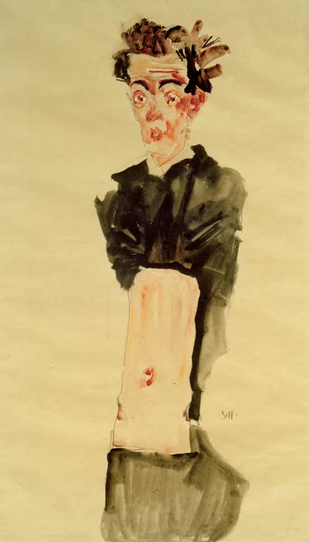 Mann mit schwarzem Hemd und nacktem Bauch, aquarelliert – Egon Schiele Selbstbildnis mit entblößtem Nabel Kunstkopie