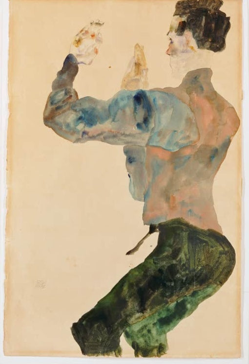 Mann von hinten mit erhobenen Armen in blauem Hemd – Egon Schiele Selbstbildnis mit erhobenen Armen, Rückenansicht Kunstkopie