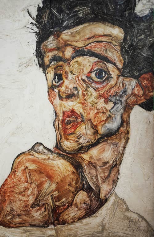 Mann mit wildem Haar und hochgezogener Schulter – Egon Schiele Selbstbildnis mit erhobener nackter Schulter Kunstkopie