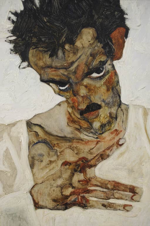 Nahaufnahme eines Mannes mit wirrem dunklem Haar, Kopf geneigt, Hand vor der Brust – Egon Schiele Selbstbildnis Kunstkopie