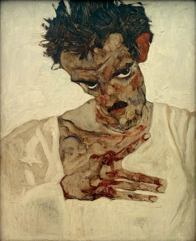 Mann mit wirrem Haar und gesenktem Blick, Hand vor der Brust – Egon Schiele Selbstbildnis mit gesenktem Kopf Kunstkopie