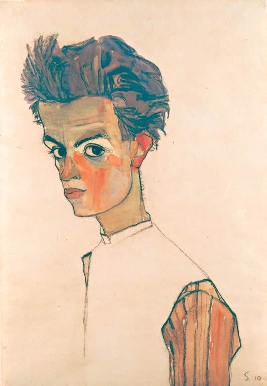 Junger Mann mit hochstehendem Haar und gestreiftem Ärmel – Egon Schiele Selbstbildnis mit gestreiftem Hemd Kunstkopie