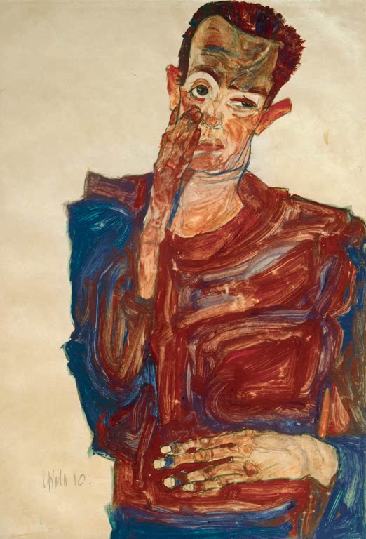 Mann im dunkelroten Pullover, Hand an der Wange – Egon Schiele Selbstbildnis mit Hand an der Wange Kunstkopie