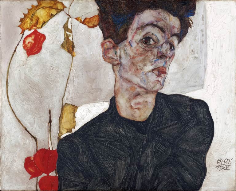 Mann im schwarzen Pullover neben roten Lampionfrüchten – Egon Schiele Selbstbildnis mit Lampionfrüchten Kunstkopie