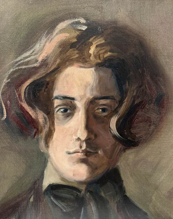 Junger Mann mit welligem Haar und dunkler Schleife, Blick nach vorn – Egon Schiele Selbstbildnis mit langem Haar Kunstkopie