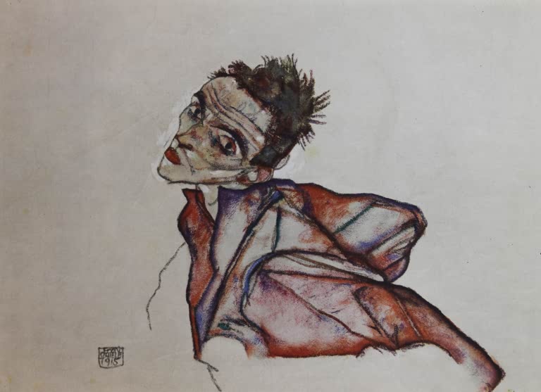 Mann mit wirrem Haar blickt nach hinten, die Arme zurückgebogen, vor grauem Grund – Egon Schiele Selbstbildnis Kunstkopie
