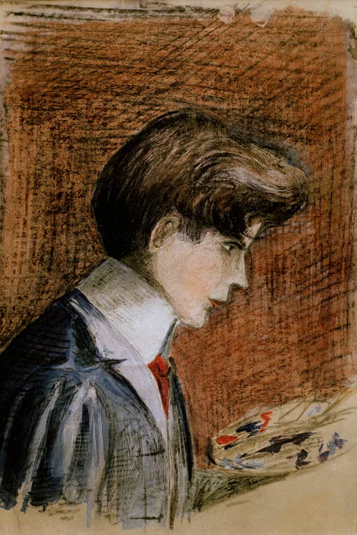 Junger Mann mit Palette im Profil vor rotbraunem Grund – Egon Schiele Selbstbildnis mit Palette Kunstkopie