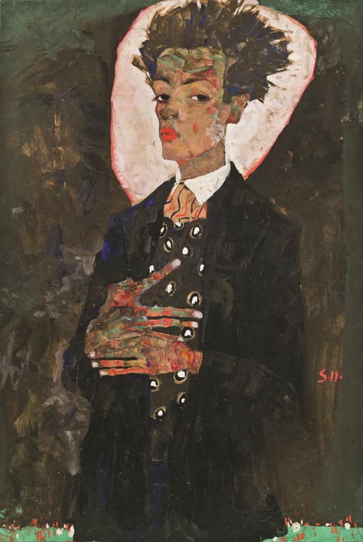 Mann in Weste mit Pfauenaugenmuster und Hand an der Brust – Egon Schiele Selbstbildnis mit Pfauenweste stehend Kunstkopie