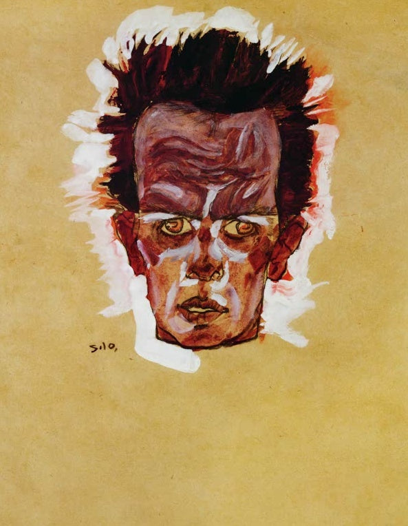 Kopf eines Mannes mit wild abstehendem dunklem Haar vor ockergelbem Grund – Egon Schiele Selbstbildnis Kunstkopie