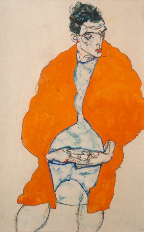 Mann mit dunklem Haar in leuchtend orangefarbenem Umhang mit gefalteten Händen – Egon Schiele Selbstbildnis Kunstkopie