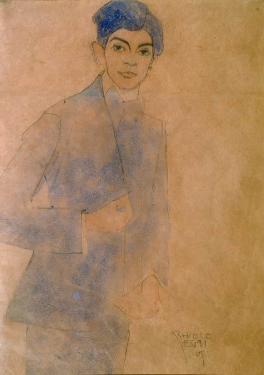 Junger Mann mit blauem Haar in zartem blaugrauem Jackett vor braunem Grund – Egon Schiele Selbstbildnis Kunstkopie