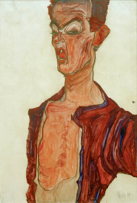 Mann mit rotem Hemd im Profil, Mund geöffnet, Arm ausgestreckt – Egon Schiele Selbstdarstellung, grimassierend Kunstkopie