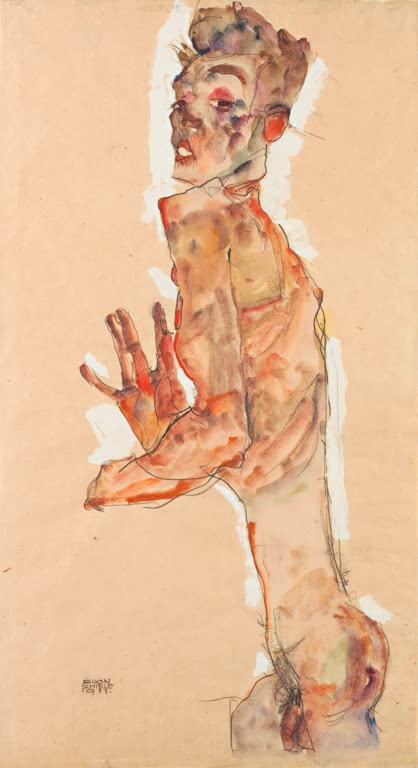 Männlicher Oberkörper mit gespreizten Fingern – Egon Schiele Selbstdarstellung mit gespreizten Fingern Kunstkopie