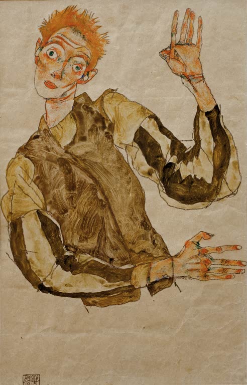 Mann mit gestreiften Ärmelschonern, erhobene Hand – Egon Schiele Selbstdarstellung mit gestreiften Ärmelschonern Kunstkopie