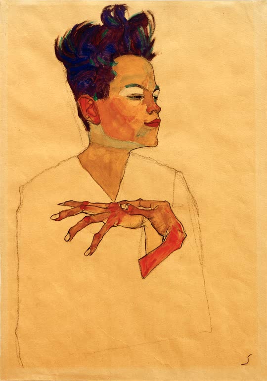 Junger Mann mit aufgestelltem Haar vor Ocker – Egon Schiele Selbstporträt mit an die Brust gelegten Händen Kunstkopie