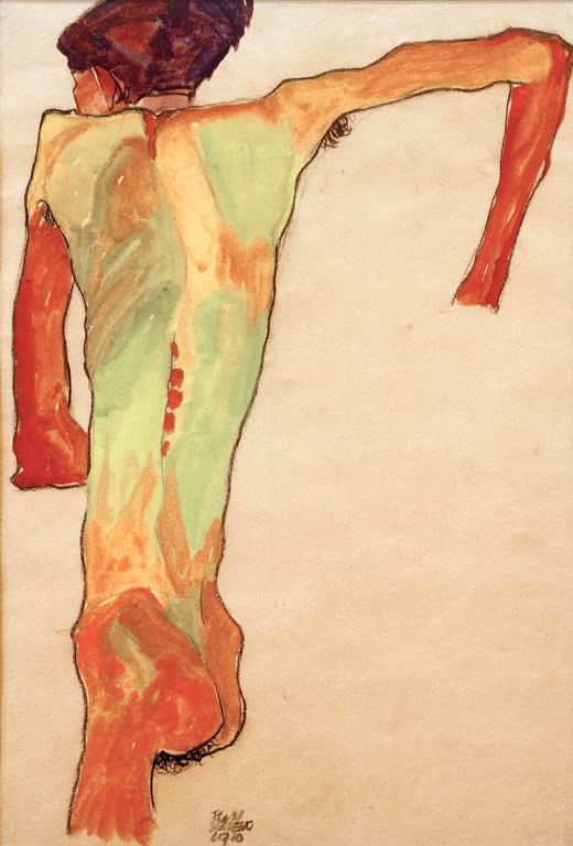 Rückenakt mit ausgestrecktem rotem Arm vor hellem Grund – Egon Schiele Sich aufstützender Rückenakt Kunstkopie