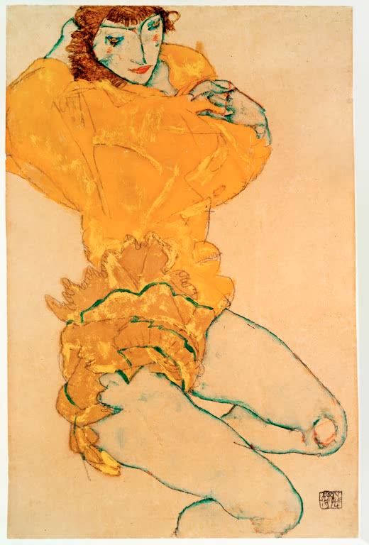Sitzende Frau in leuchtend gelber Bluse mit angezogenem Bein – Egon Schiele Sich entkleidende Frau Kunstkopie