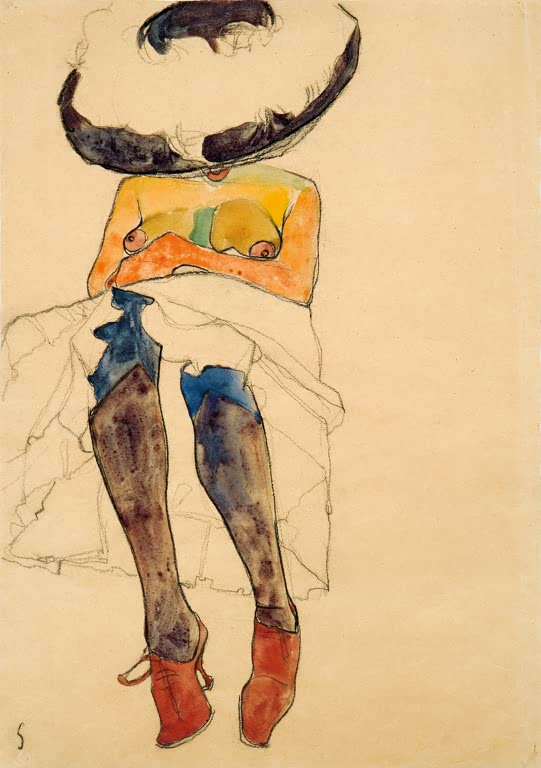 Frau mit breitem schwarzem Hut und violetten Strümpfen, rote Schuhe – Egon Schiele Sitzende Halbentblößte Kunstkopie
