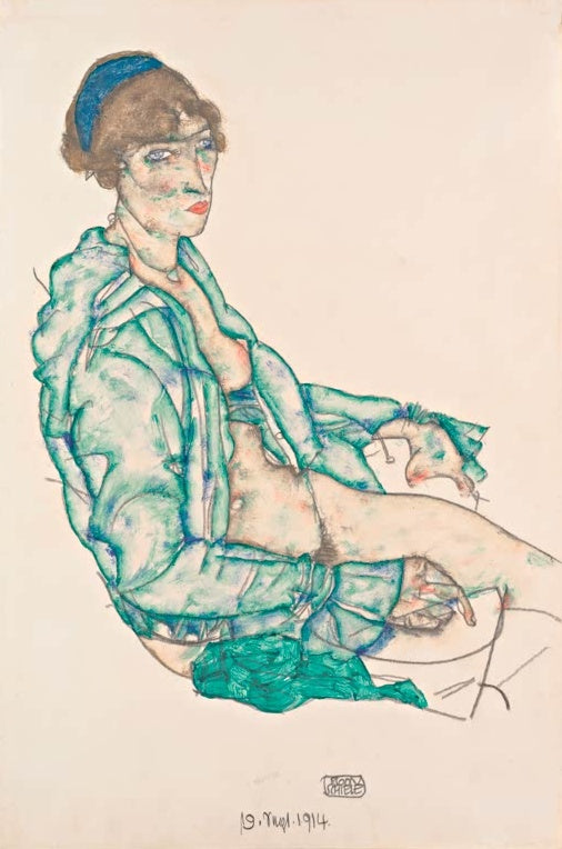 Sitzende Frau in türkisgrüner Bluse mit blauem Haarband – Egon Schiele Sitzender Halbakt mit blauem Haarband Kunstkopie