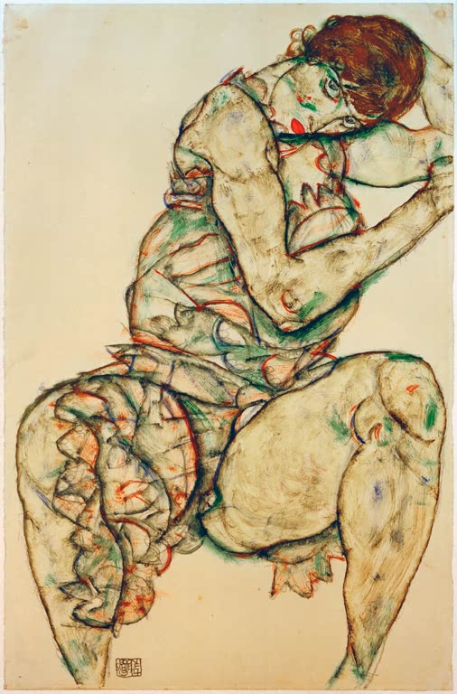 Egon Schiele Sitzender Halbakt Kunstkopie, kauernde Frau mit erhobenem Arm in grün-roter Konturzeichnung